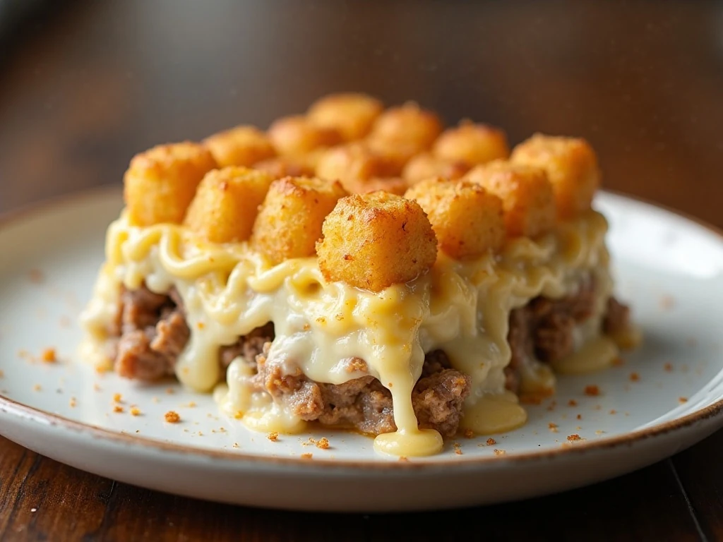 Serving of creamy Cheesy Alfredo Tater Tot Casserole with crisp golden tater tots