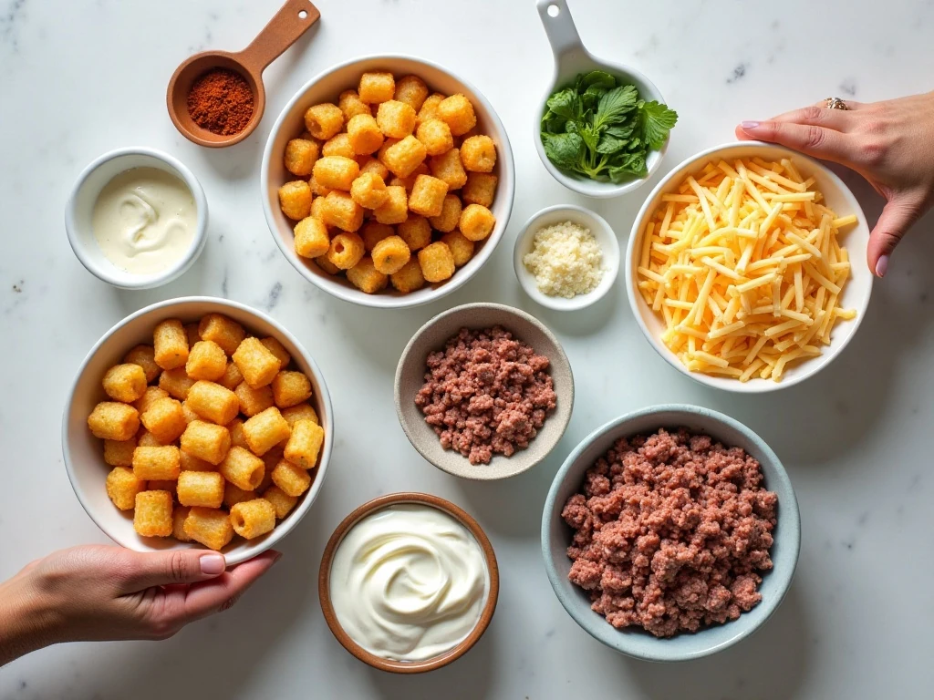 Ingredients for Cheesy Alfredo Tater Tot Casserole arranged for cooking