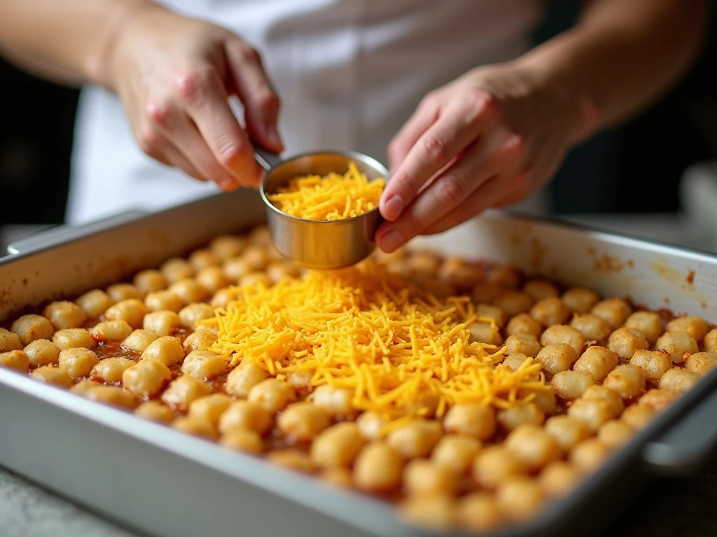Frozen tater tots arranged over the cheesy Alfredo casserole filling