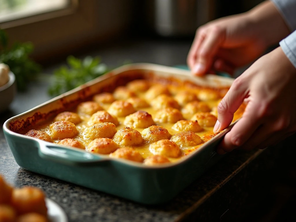 Golden crisp tater tots and bubbling Alfredo filling after baking