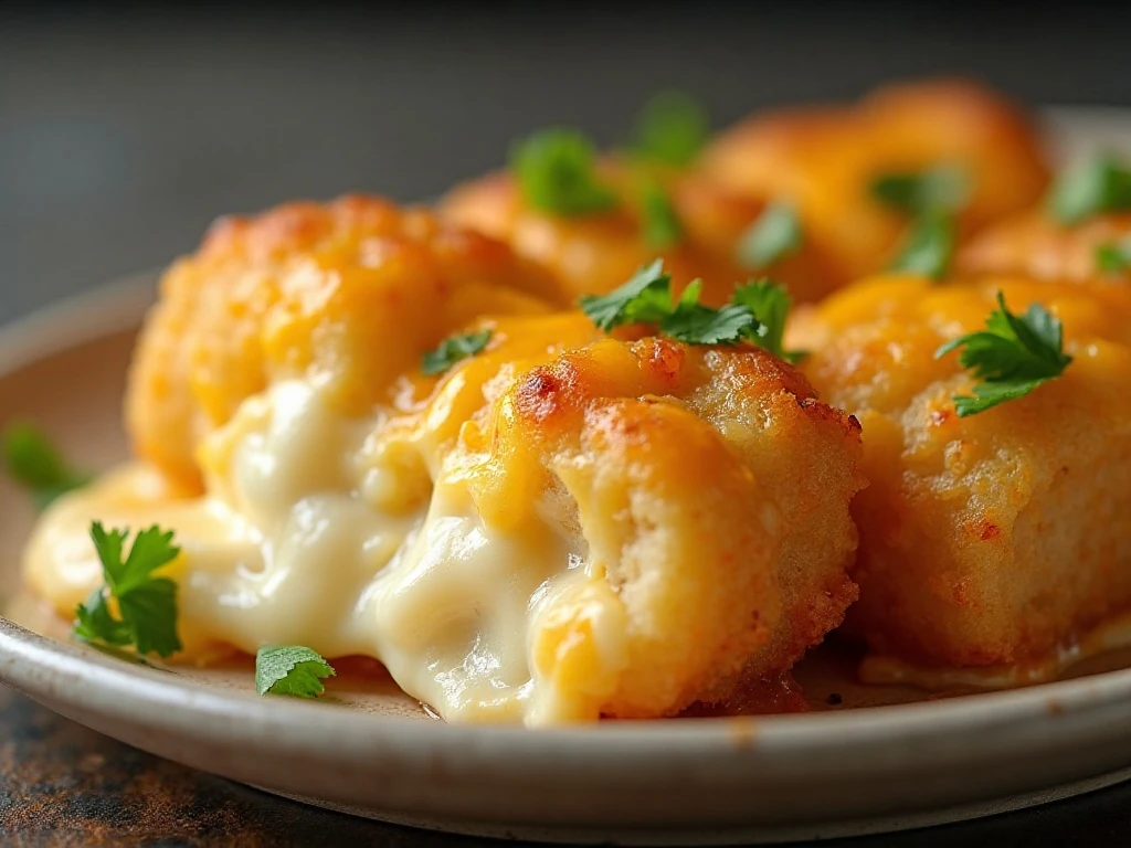 Close-up of cheesy tater tot casserole garnished with fresh parsley