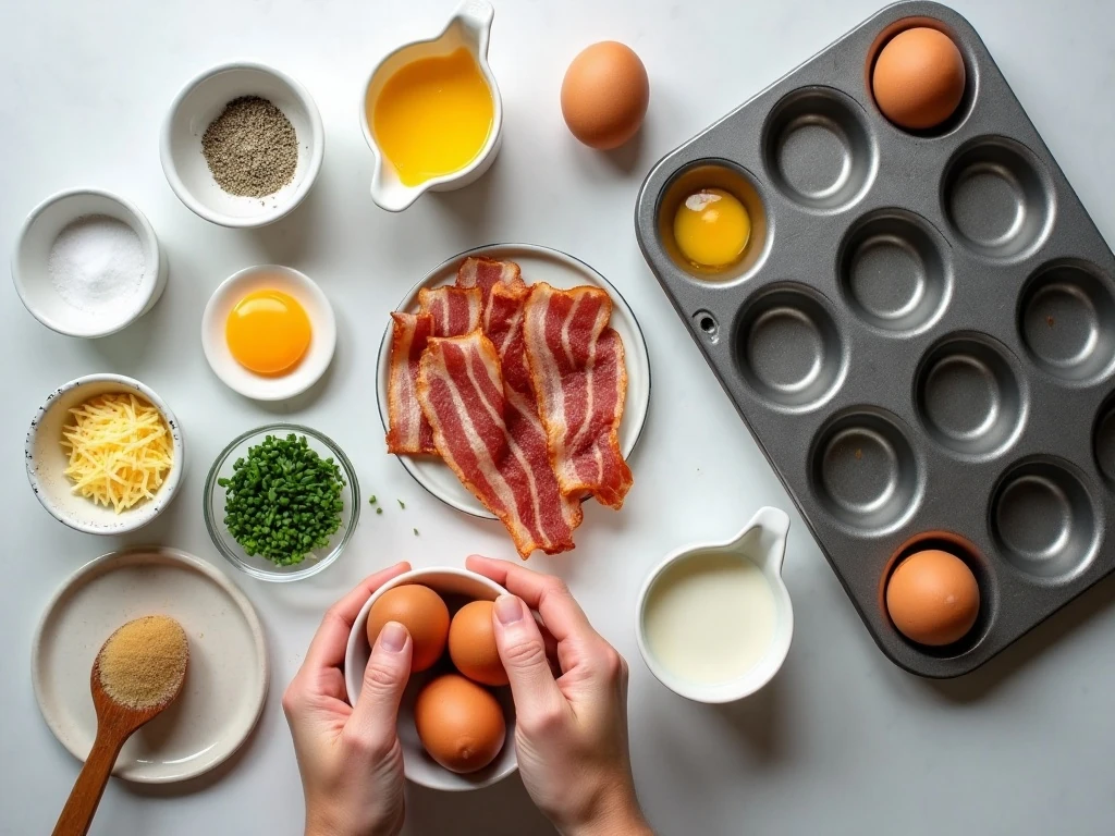 Ingredients for cheesy bacon chives omelet cups