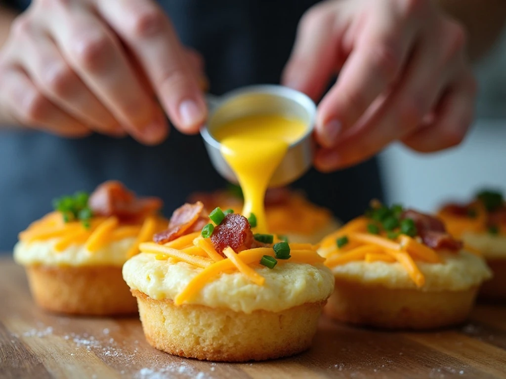 Filling a muffin pan to make bacon and cheese omelet cups