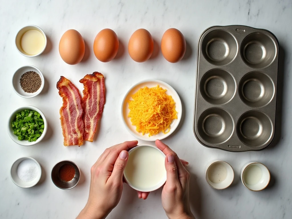 Ingredients for cheesy bacon egg muffins arranged beside a muffin tin