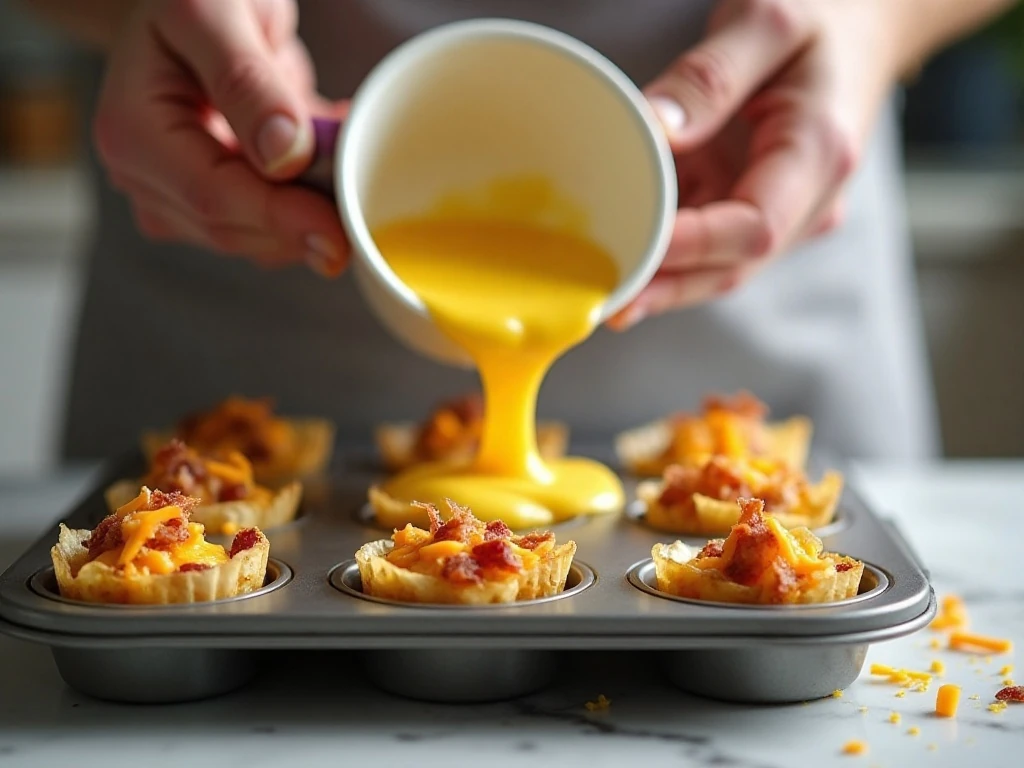 Egg mixture being poured over bacon cheese and onion in muffin cups