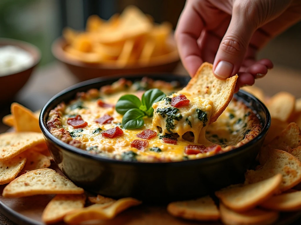 Hot cheesy bacon spinach dip served with tortilla chips and toasted baguette slices