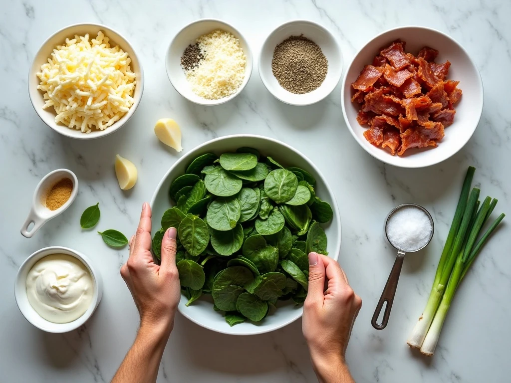 Ingredients for easy cheesy bacon spinach dip arranged for cooking