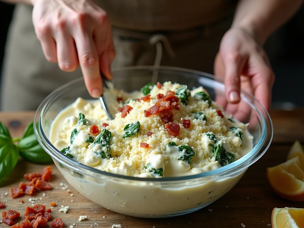 Mixing spinach, cheese, sour cream, and bacon for baked spinach dip