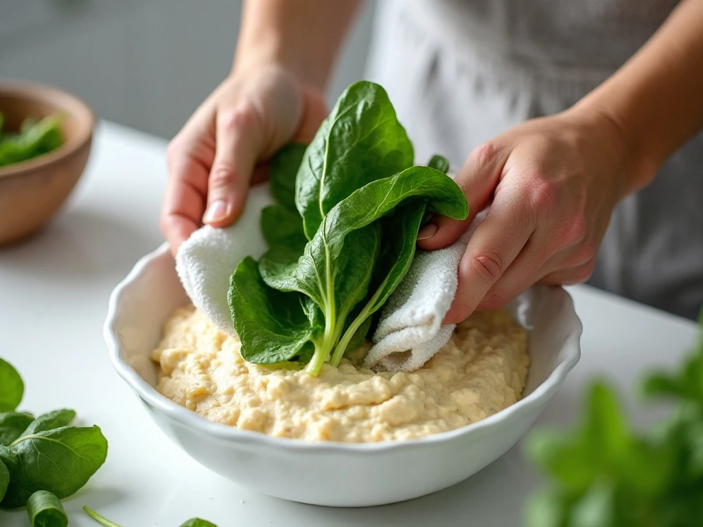 Squeezing thawed spinach dry for a creamy spinach dip