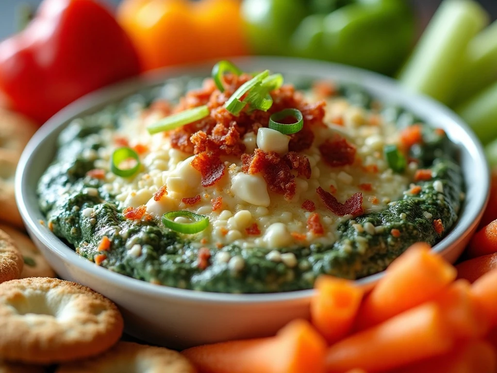 Browned bacon spinach dip topped with cheese and green onions with assorted dippers