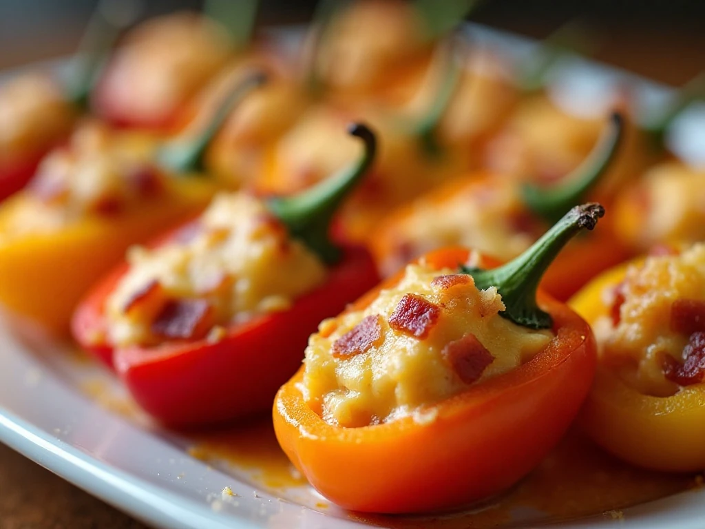 Platter of colorful cheesy bacon-stuffed mini peppers