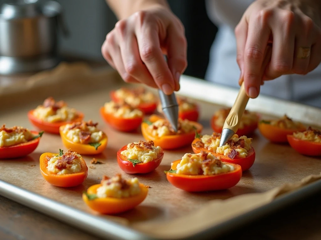 Filling halved mini peppers with cheesy bacon mixture