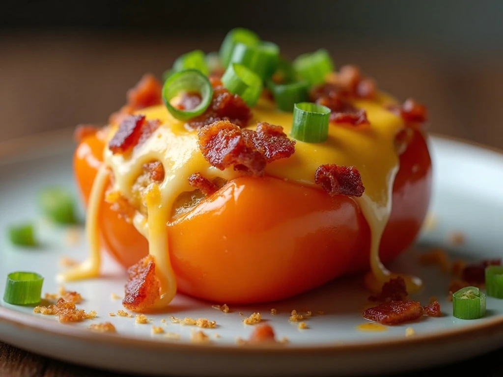 Close-up of reheated cheesy bacon-stuffed mini pepper