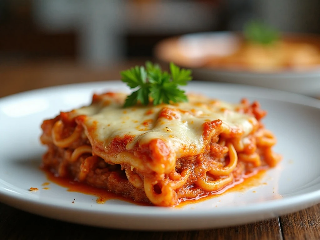 A serving of cheesy baked spaghetti with meat sauce and golden melted cheese