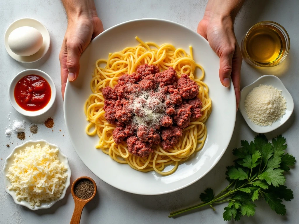 Ingredients for homemade cheesy baked spaghetti arranged for cooking