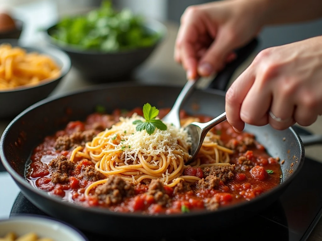 Preparing meat sauce and cheese-coated spaghetti for a baked casserole