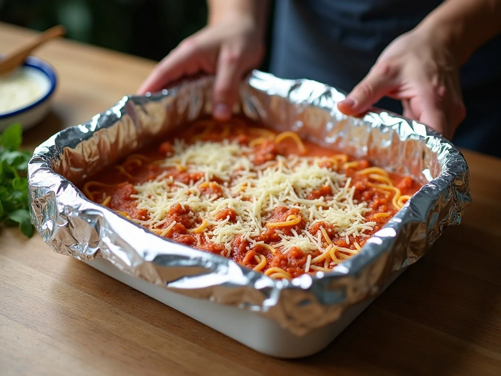 Baked spaghetti casserole covered with foil before going into the oven
