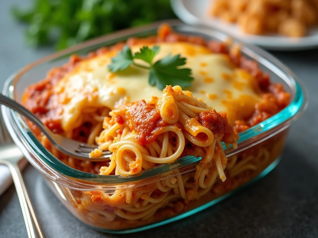 A stored portion of cheesy baked spaghetti ready for reheating