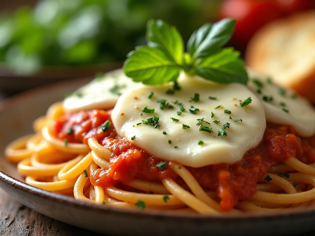 Golden cheesy topping and parsley garnish on baked spaghetti served with salad and bread