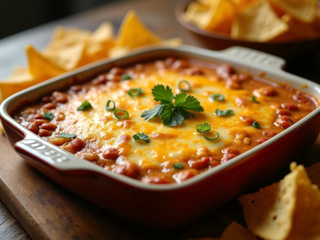 Hot creamy cheesy bean dip served with tortilla chips