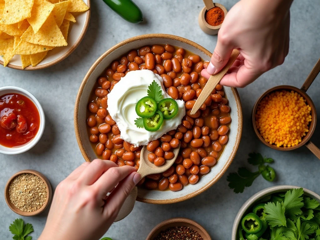 Ingredients for creamy cheesy bean dip arranged for cooking