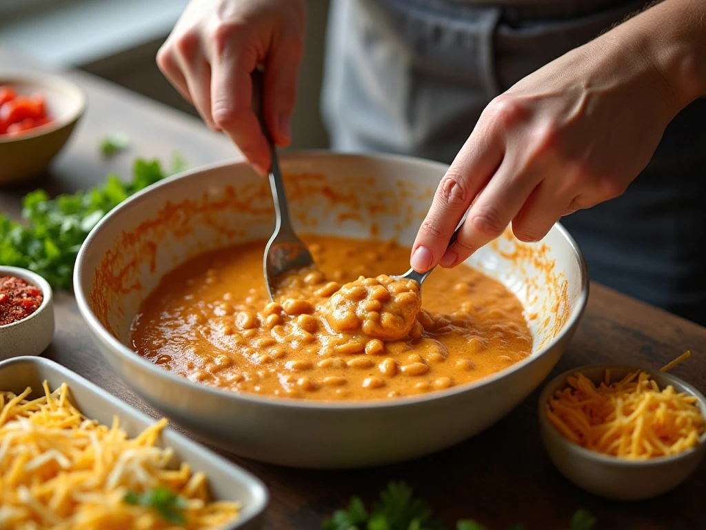 Mixing the ingredients for homemade cheesy bean dip