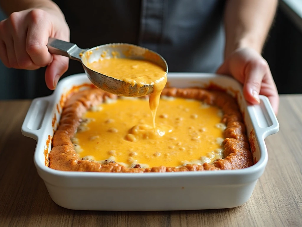 Smooth bean dip mixture spread into a baking dish