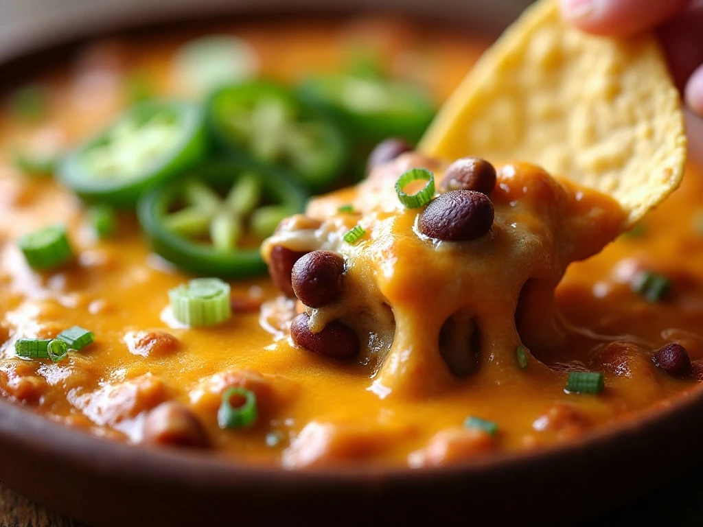 Cheesy bean dip topped with jalapeños and green onions