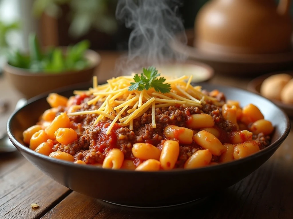 Bowl of comforting one-pot cheesy beef macaroni