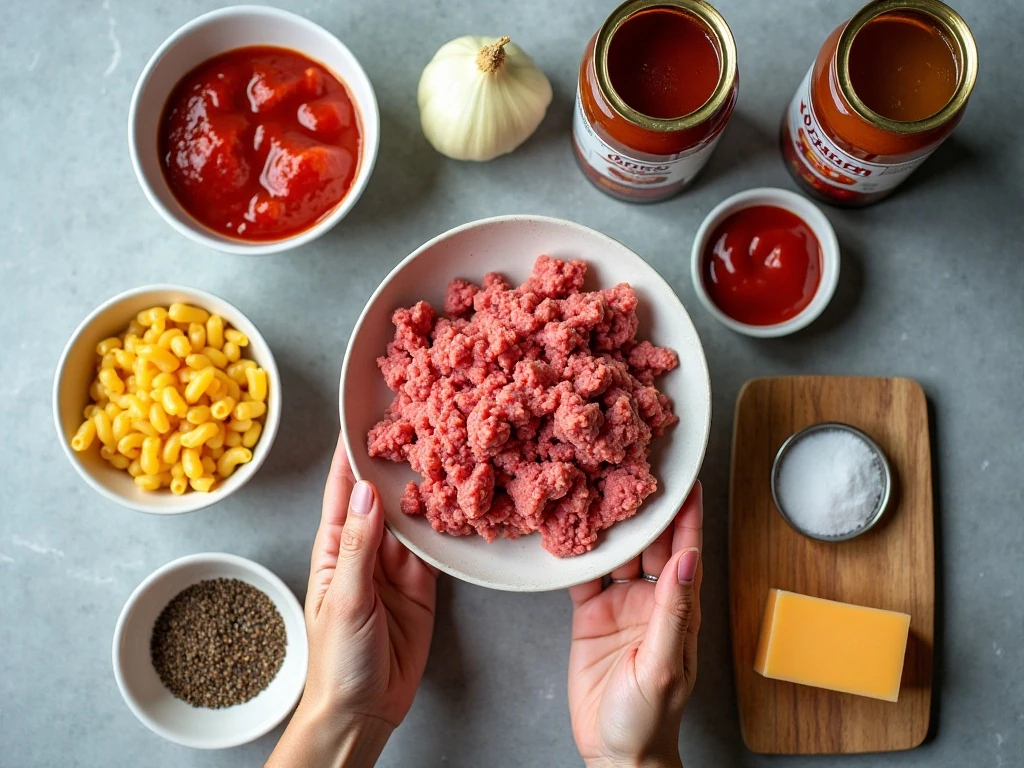 Ingredients for one-pot cheesy beef macaroni