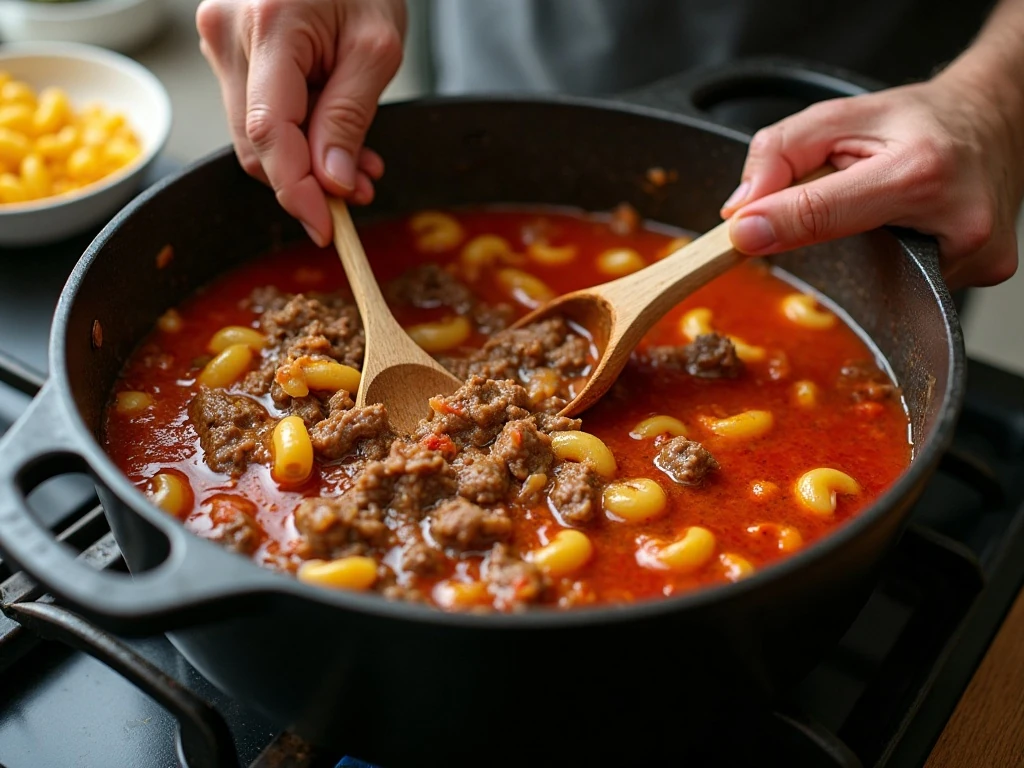 Macaroni simmering with browned beef in one pot