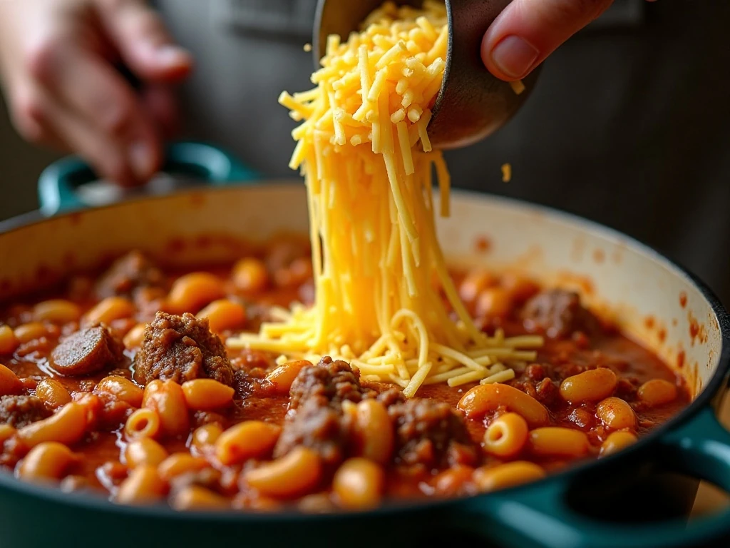 Sharp cheddar melting into beef macaroni
