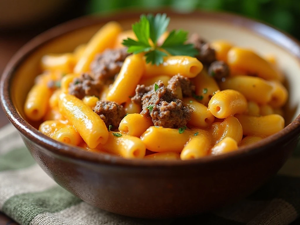 Reheated leftover cheesy beef macaroni with garnish