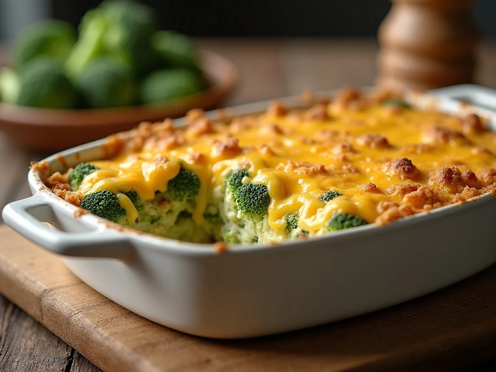 Easy cheesy broccoli casserole fresh from the oven with a golden cracker topping