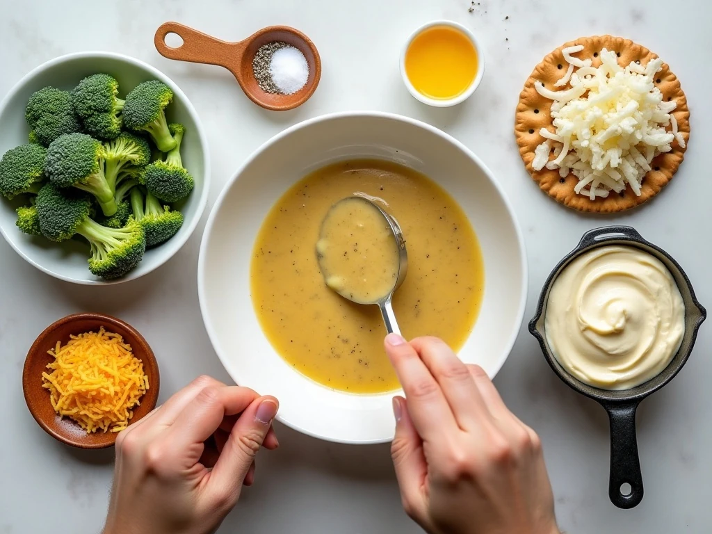 Ingredients for cheesy broccoli casserole arranged for cooking