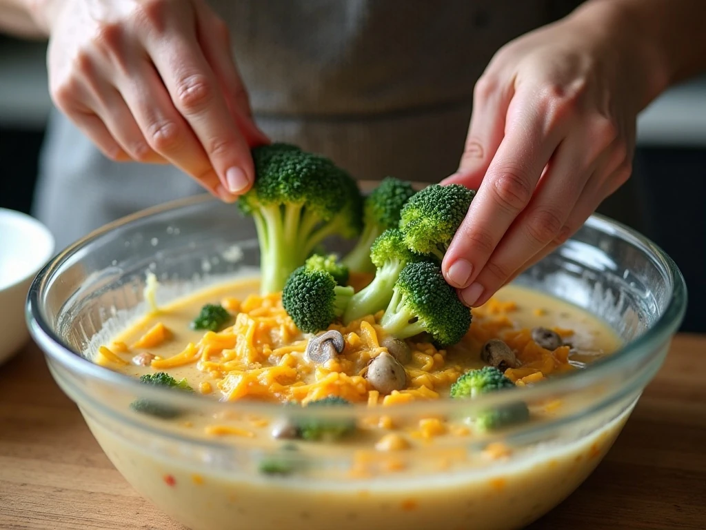 Broccoli being folded into the creamy cheese casserole mixture