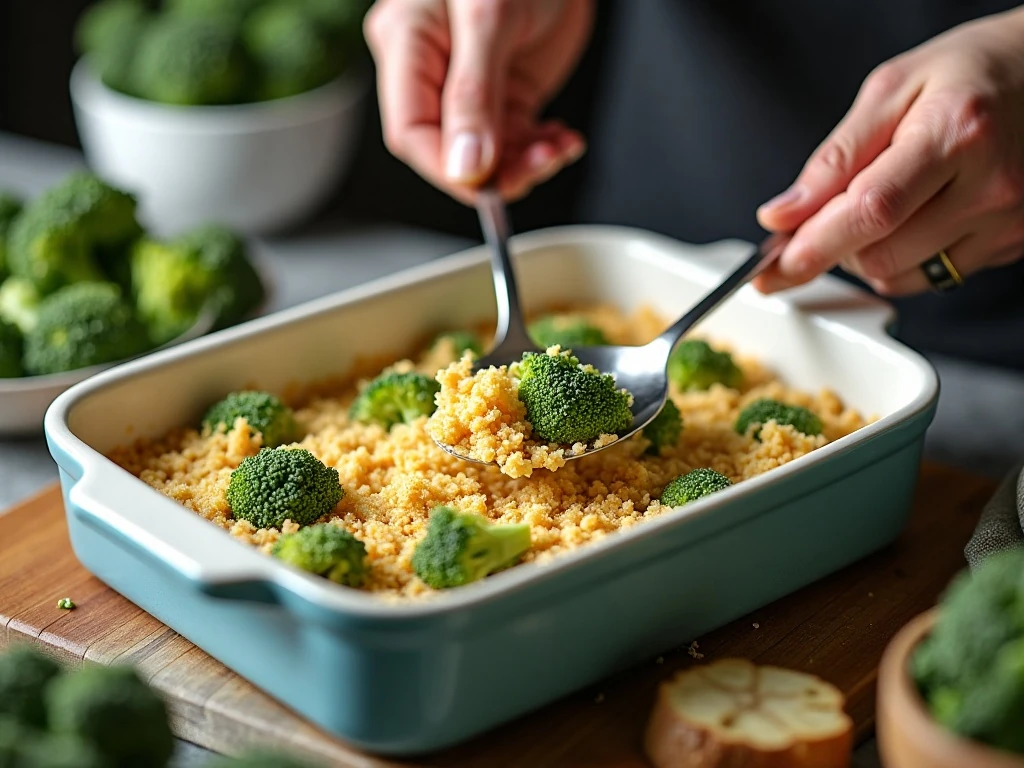 Preparing well-drained broccoli and buttery crumbs for casserole
