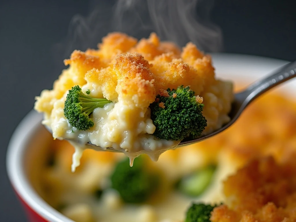 Creamy cheesy broccoli casserole portion with crisp golden topping
