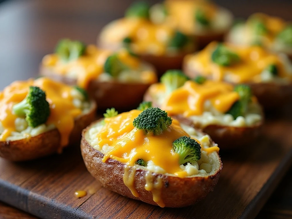 Cheesy broccoli ranch twice-baked potatoes arranged on a serving platter