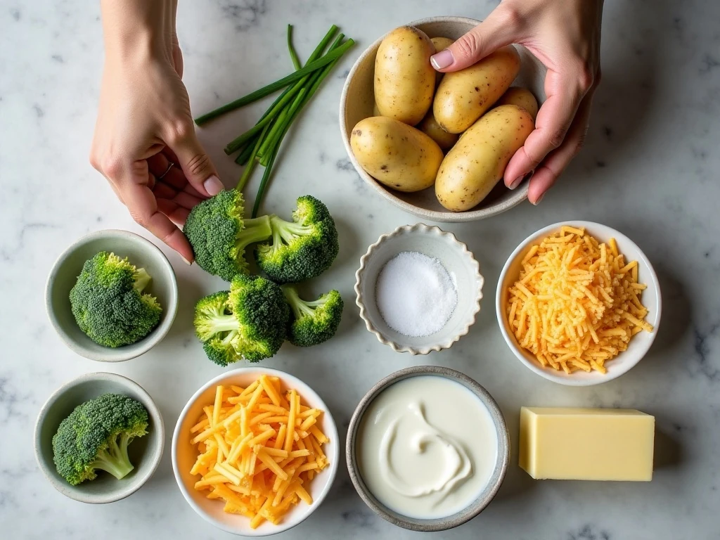 Ingredients for cheesy broccoli ranch twice-baked potatoes