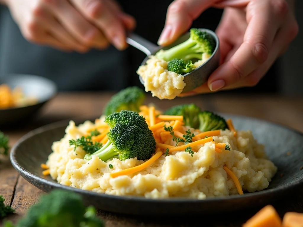 Broccoli being folded into twice-baked potato filling