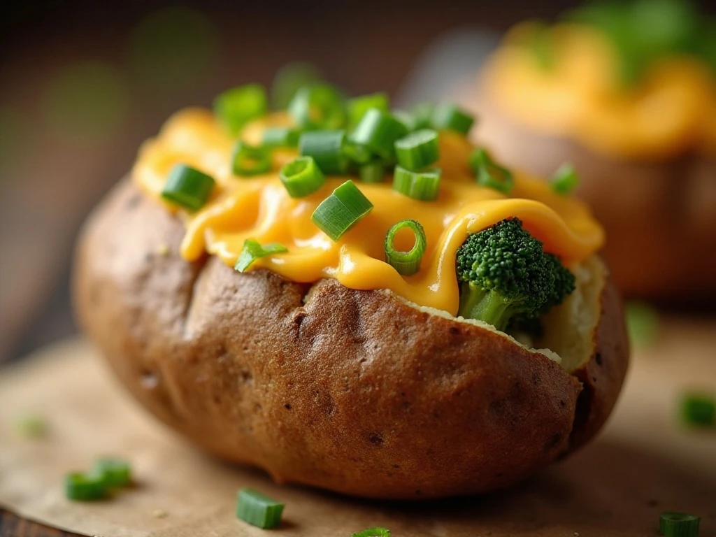 Golden cheesy twice-baked potato with green onion garnish