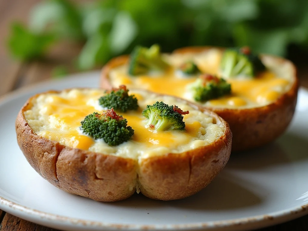 Golden broccoli and cheddar twice-baked potatoes ready to serve