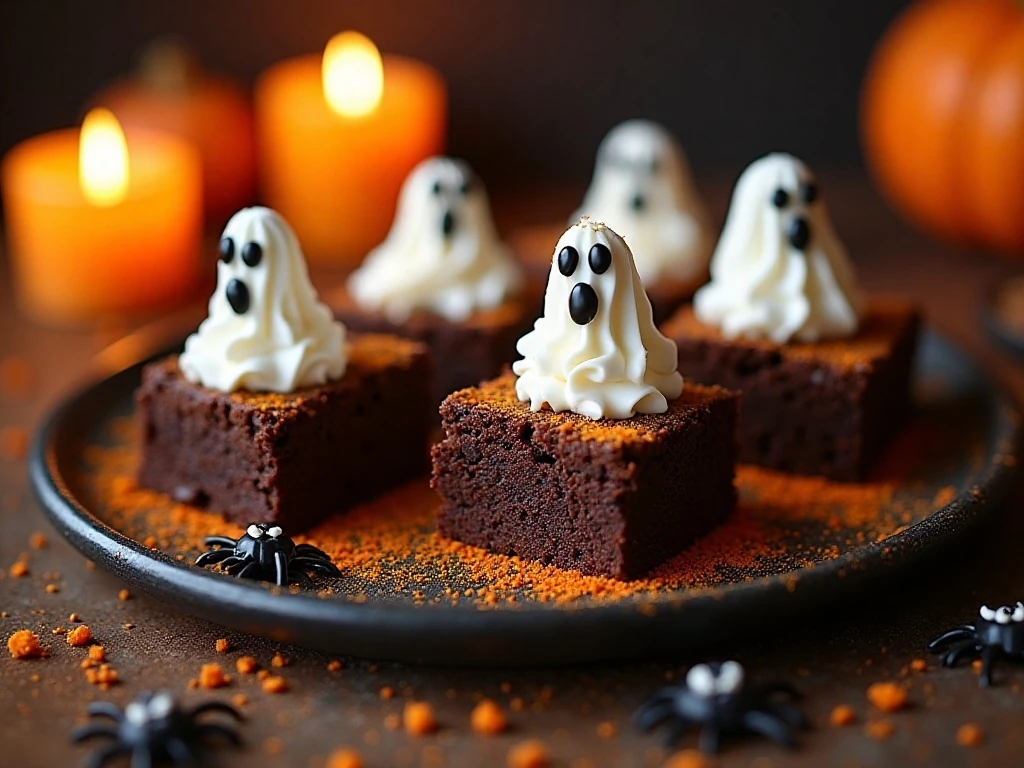 Fudgy Halloween brownies decorated with ghosts, spiderwebs, candy eyes, and sprinkles