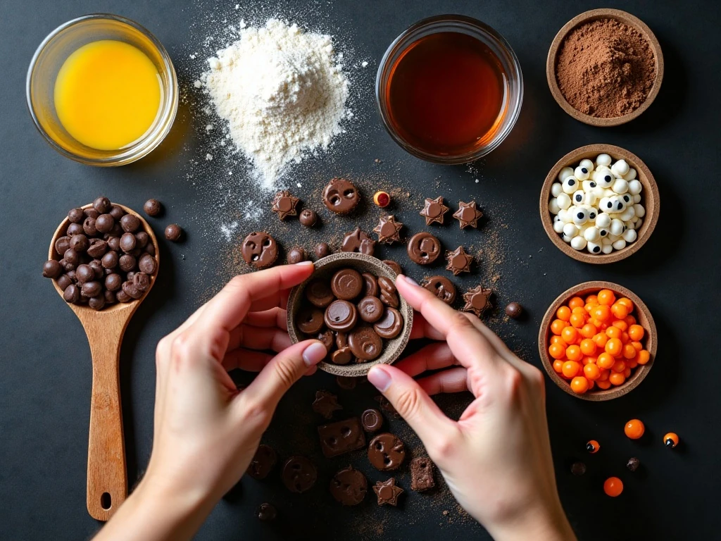 Ingredients for spooky Halloween brownies arranged for baking
