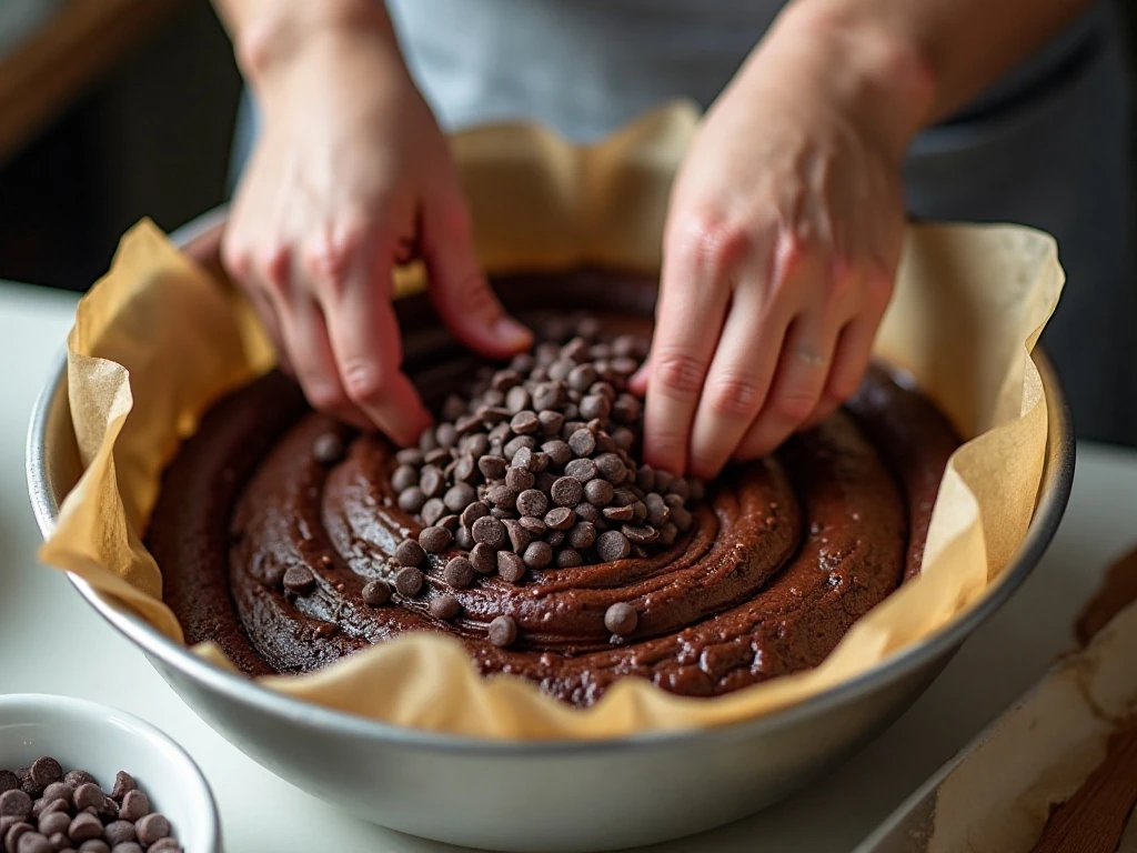 Brownie batter being folded with chocolate chips before baking