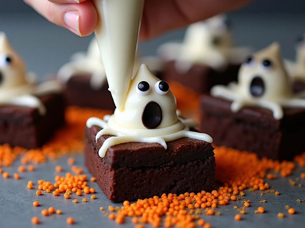 White chocolate ghost and spiderweb decorations on Halloween brownies