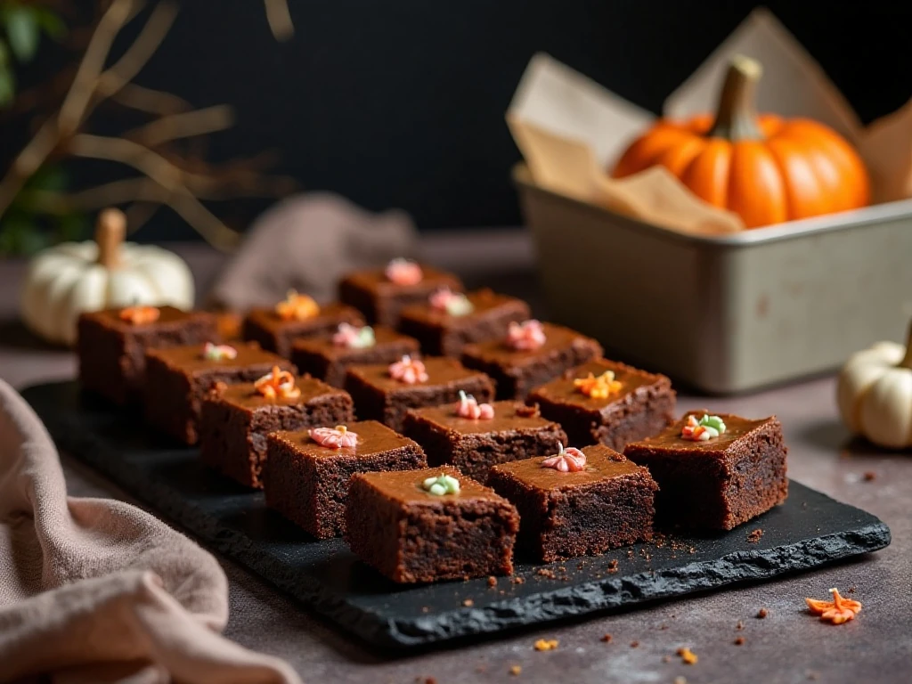 Neatly cut Halloween brownies ready for serving or storage