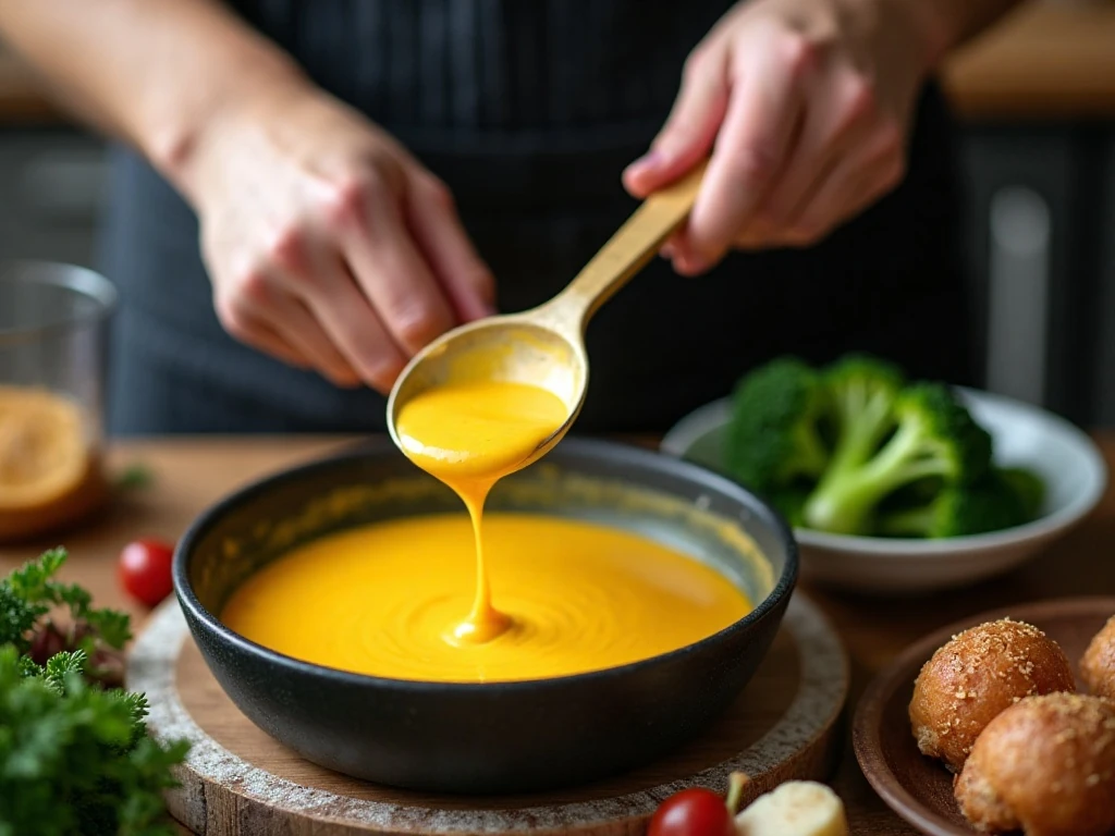 Preparing homemade cheddar sauce for broccoli