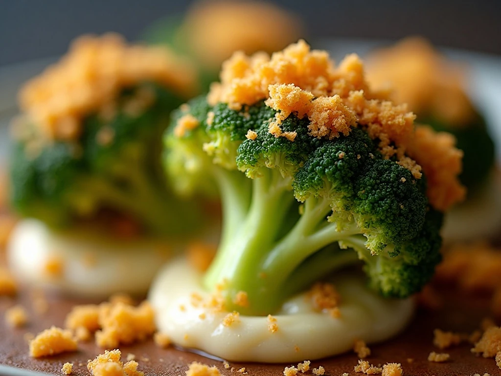 Golden breadcrumb topping on cheesy broccoli